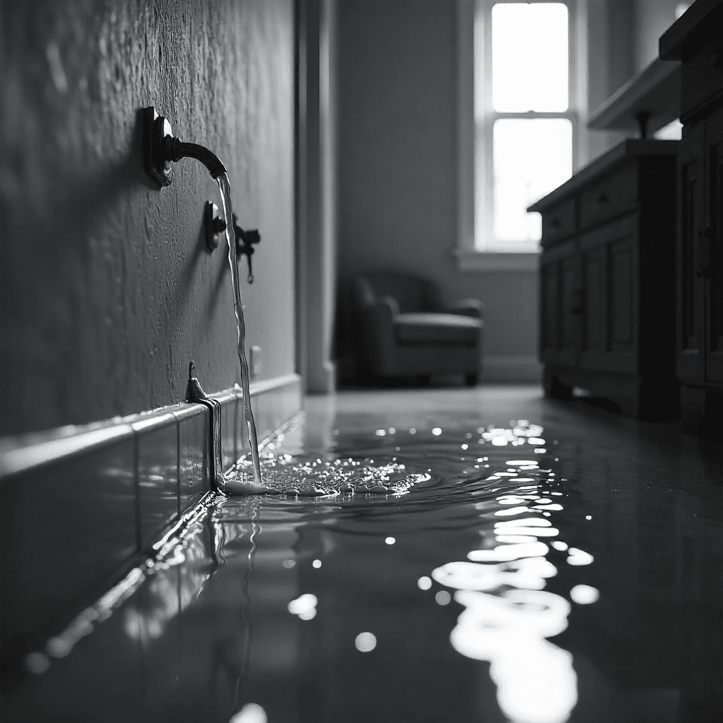 Flooded house with water pouring in from a pipe